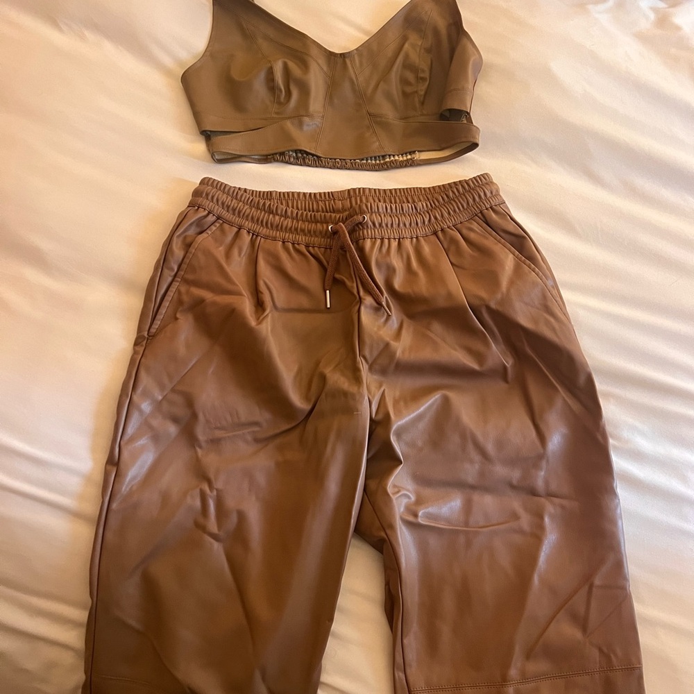 Zara Tan Faux Leather Top and Pants Set